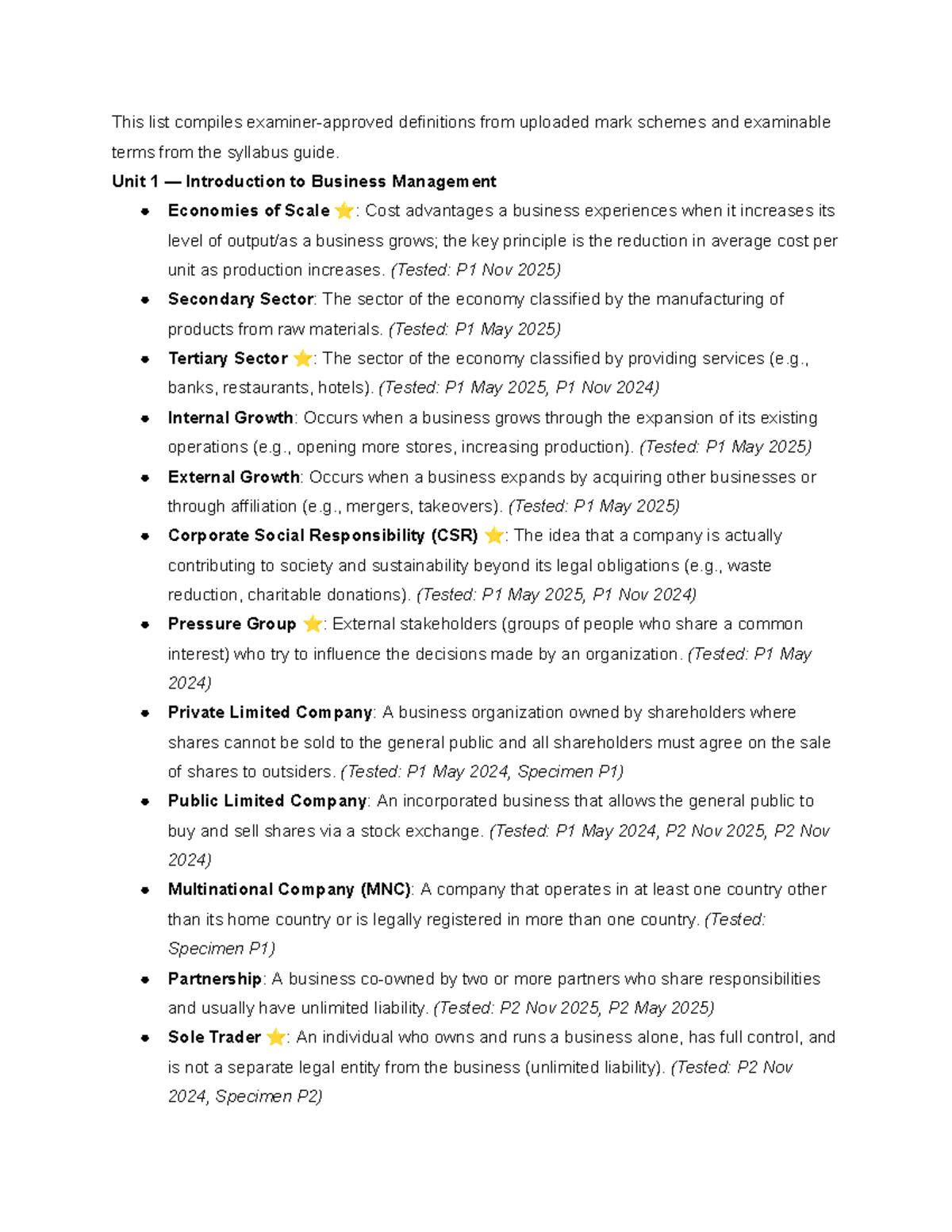 BM HL - Key Definitions and Concepts from Mark Schemes - Studocu