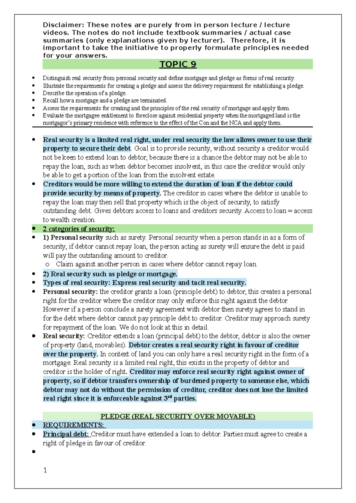 Topic 9 - Real Security: Pledge and Mortgage Explained - Studocu