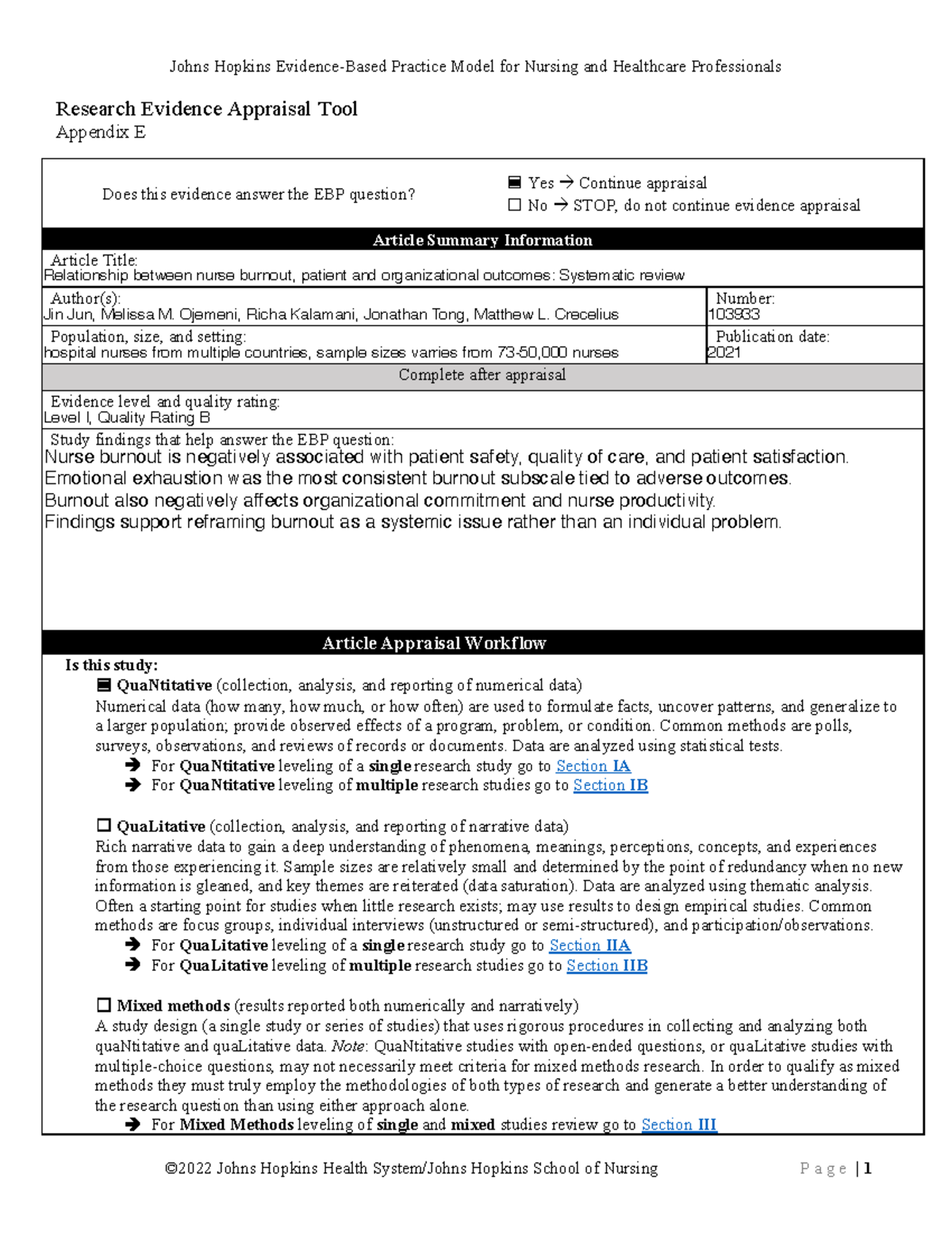 Johns Hopkins EBP Appendix E: Evidence Appraisal Tool for Nursing - Studocu