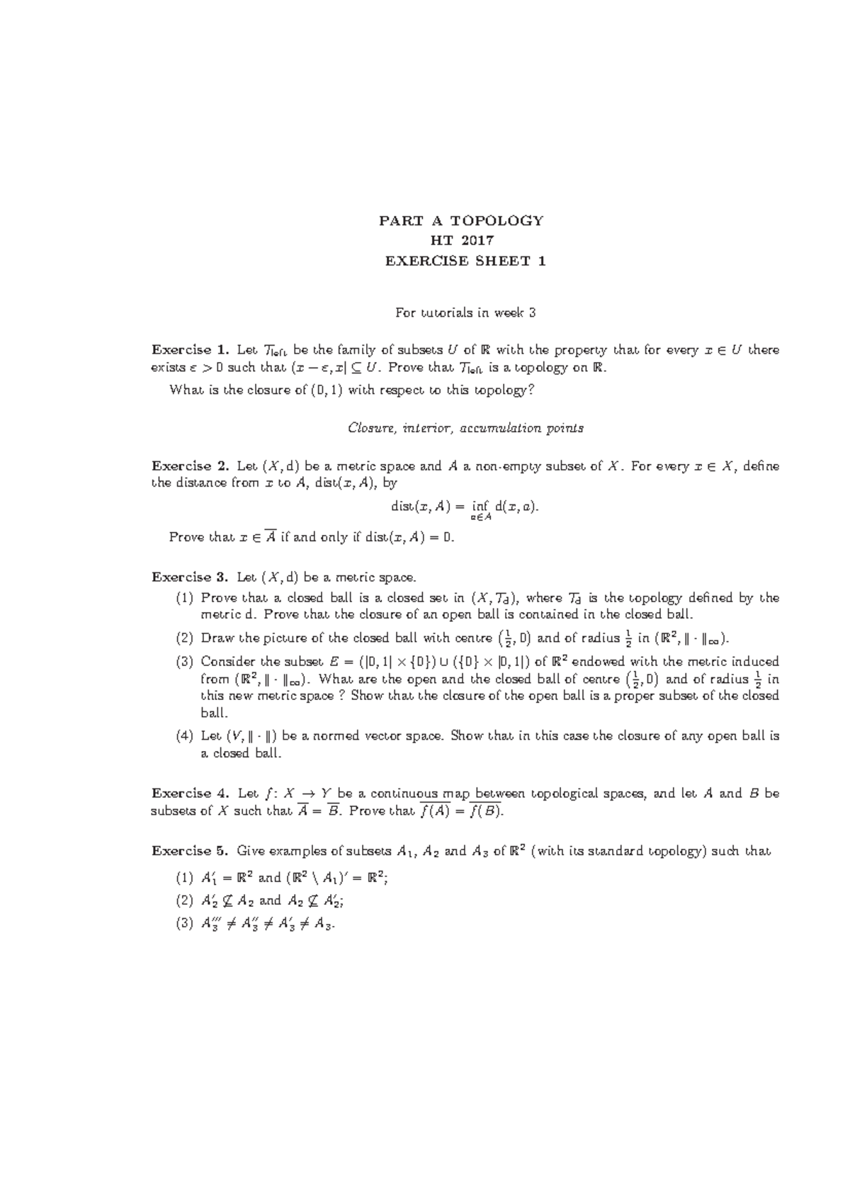 Topology Exercises for HT 2017: Problem Sheet 1 - Studocu