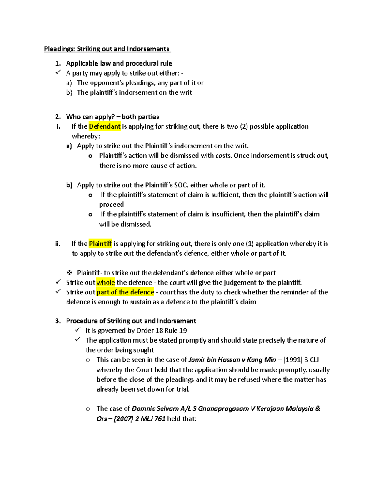 Striking Out Pleadings & Indorsements: Overview & Key Cases - Studocu