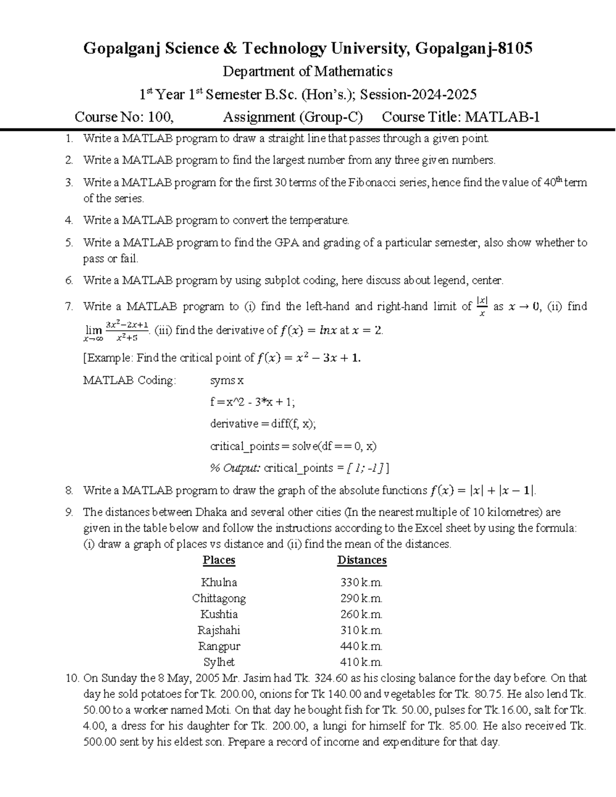 MATLAB Assignment 100: Programming Tasks for B.Sc. 1st Year - Studocu