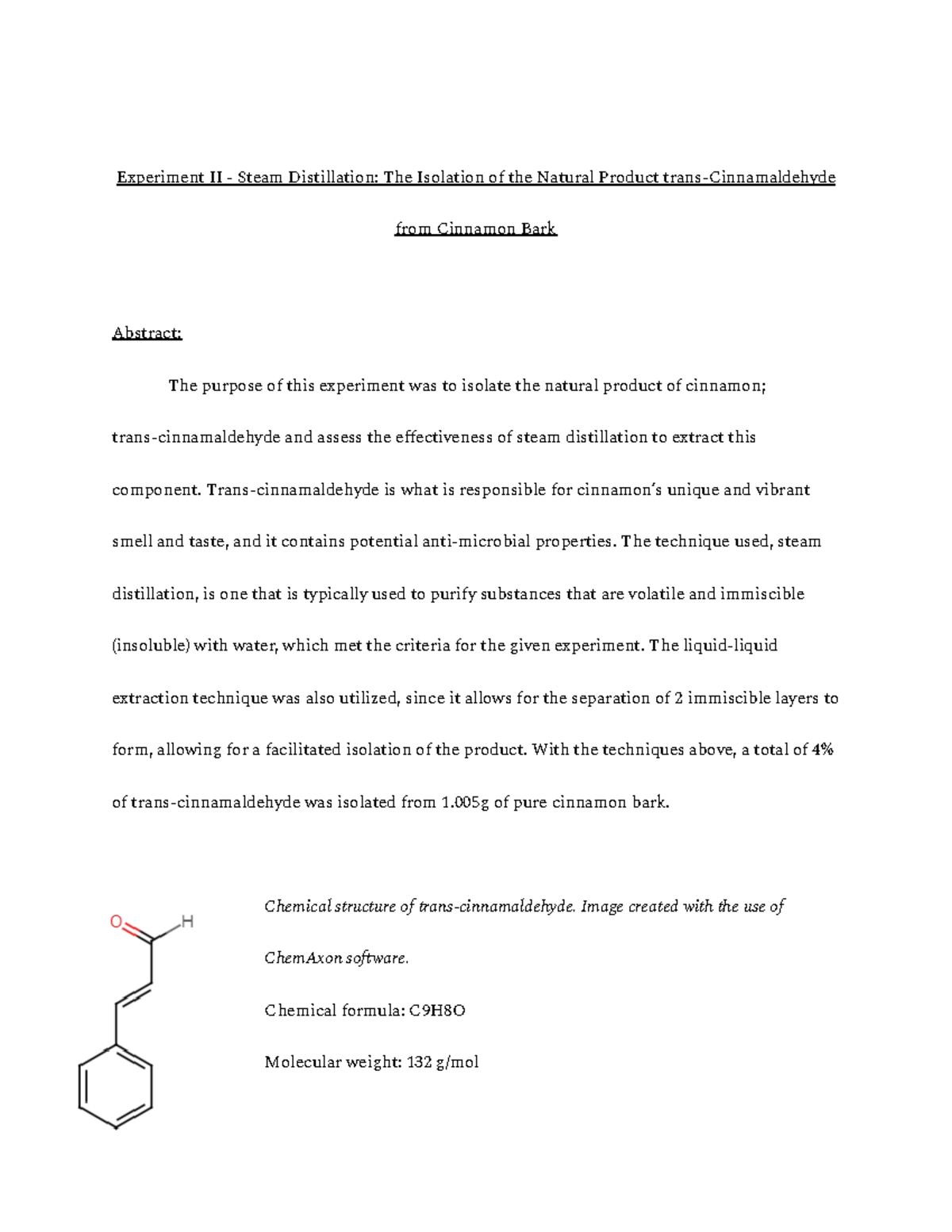 CIN 202: Lab Report on Steam Distillation of Cinnamaldehyde - Studocu