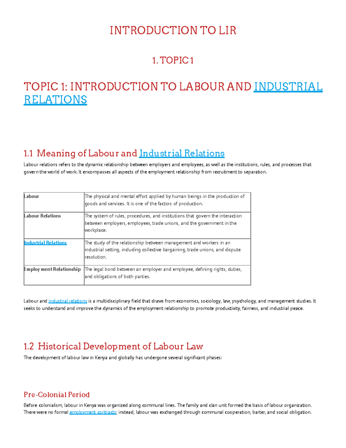 Introduction to LIR 1: Labour and Industrial Relations Overview - Studocu