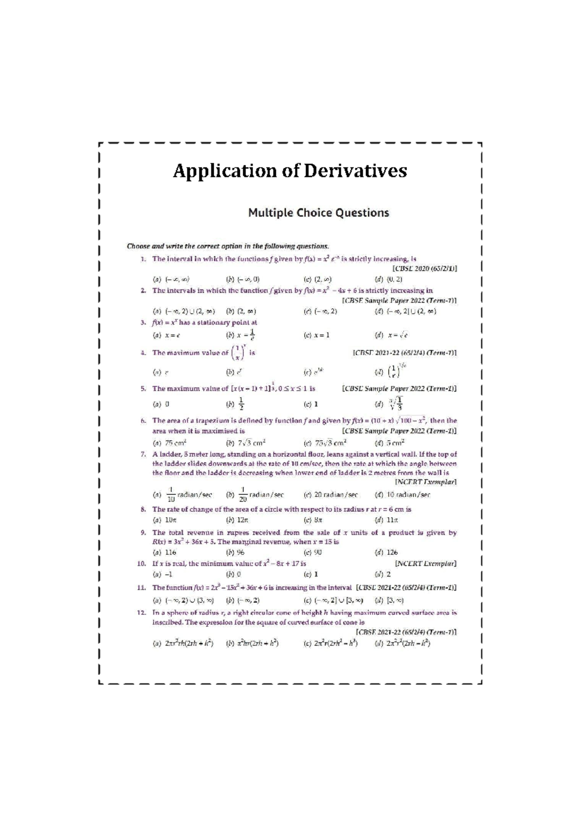 Chapter-6: Application of Derivatives - MCQs and Solutions - Studocu