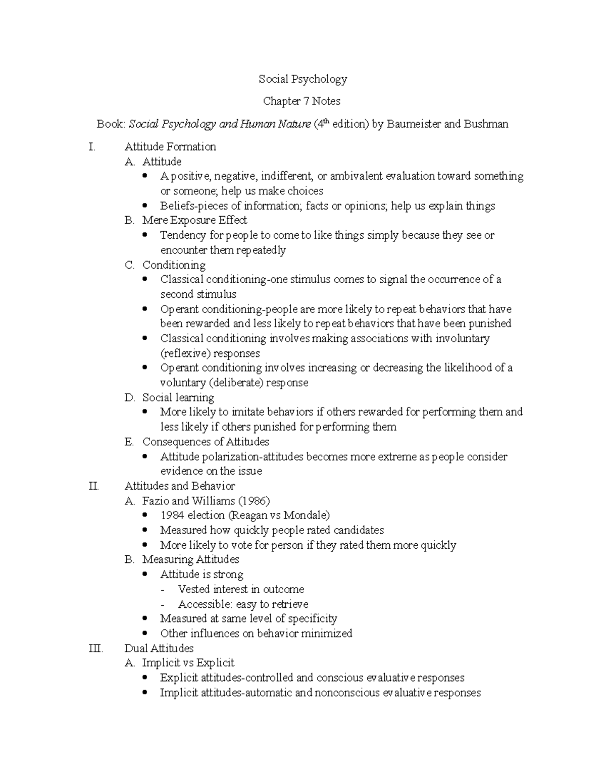 Social Psychology Chapter 7 Notes: Attitude Formation & Behavior - Studocu