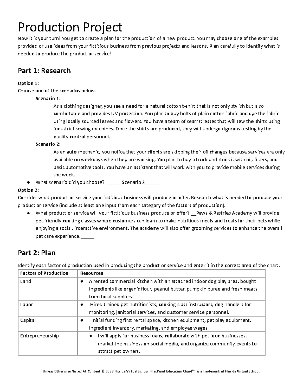Principles of Entrepreneurship 04.04 Production Project - Production ...