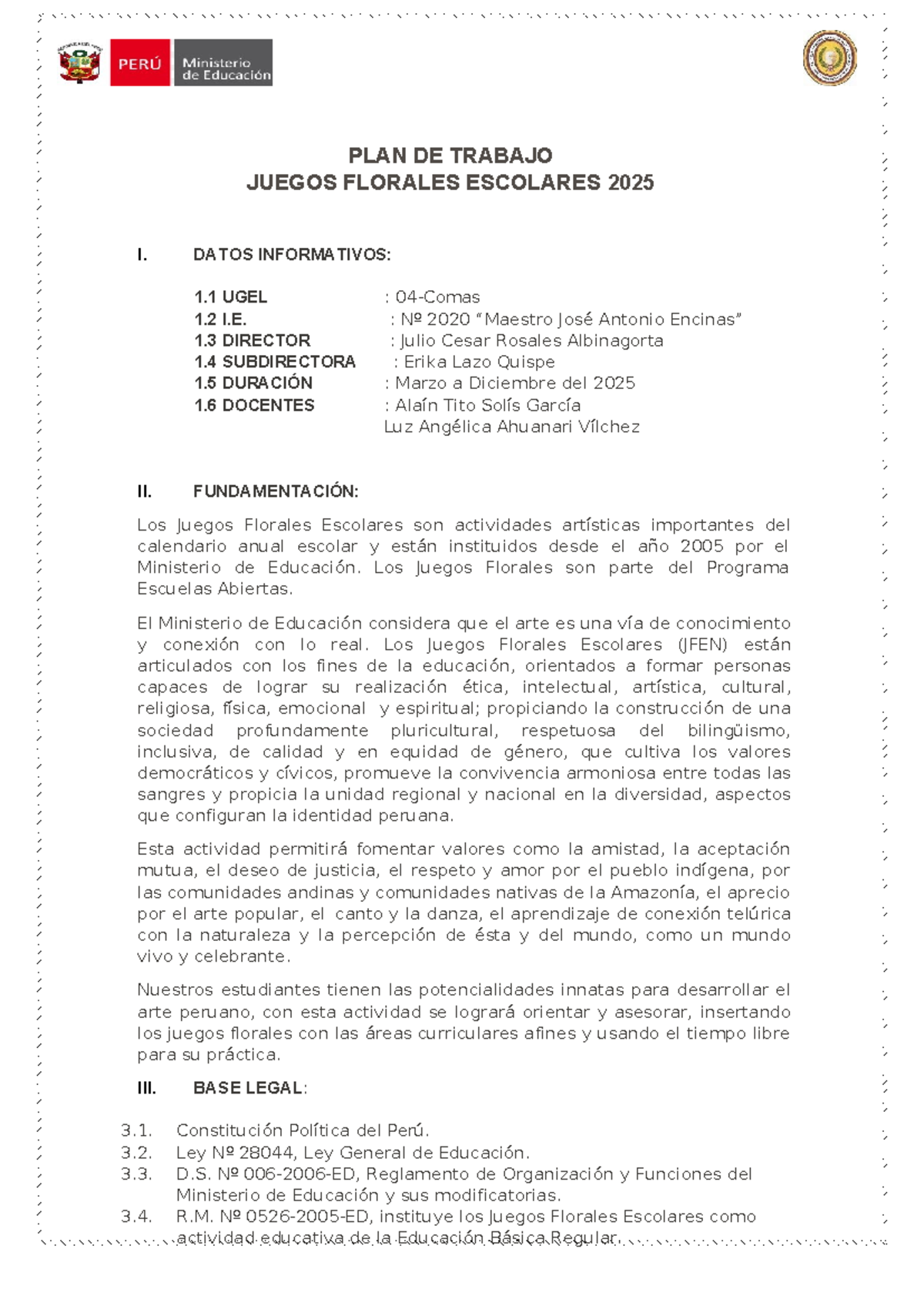 PLAN DE TRABAJO JUEGOS FLORALES ESCOLARES 2025 - Document Preview