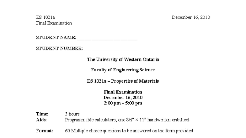 ES 1021a Final Exam Review - Properties of Materials (Dec 2010) - Studocu