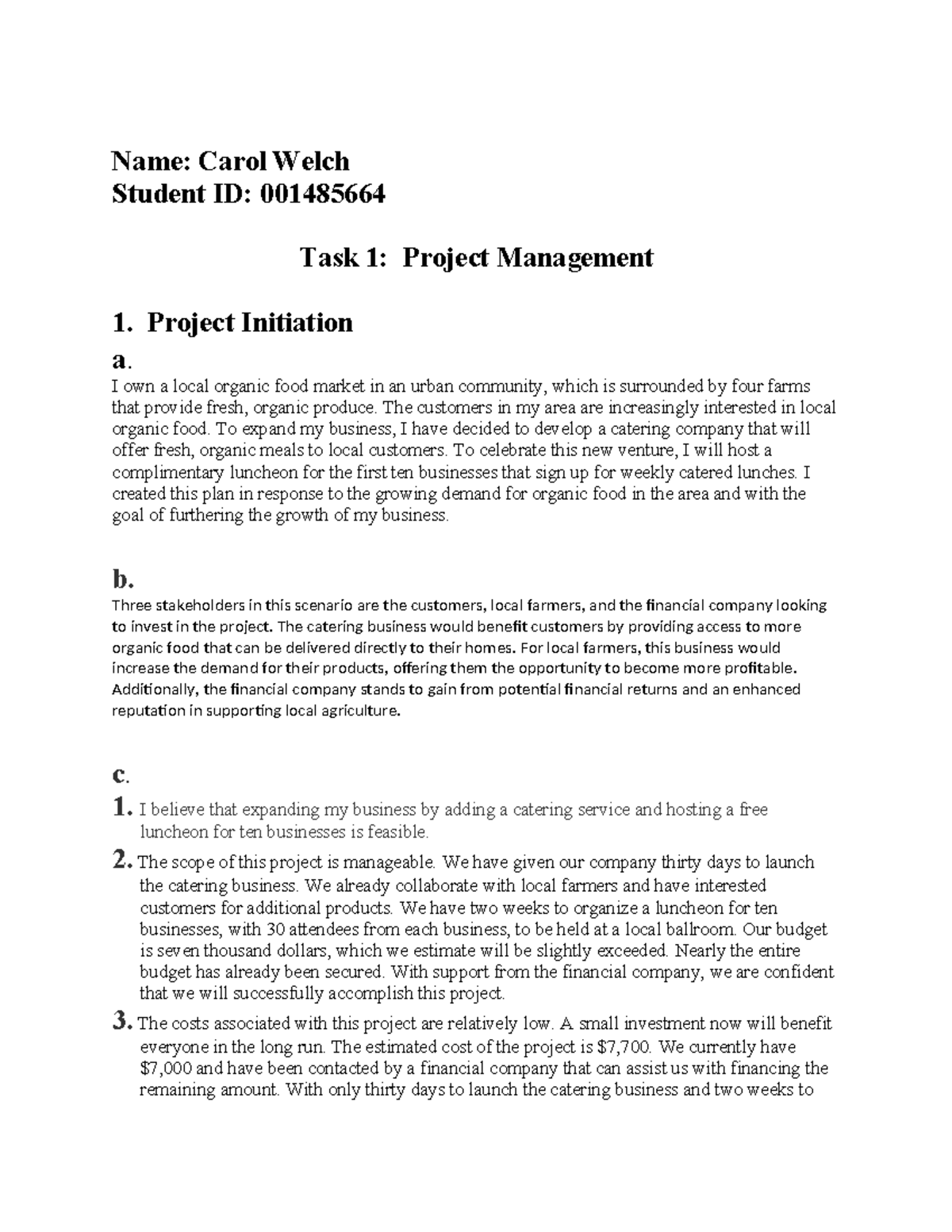 D079 Task 1: Project Management Plan for Catering Business Launch - Studocu