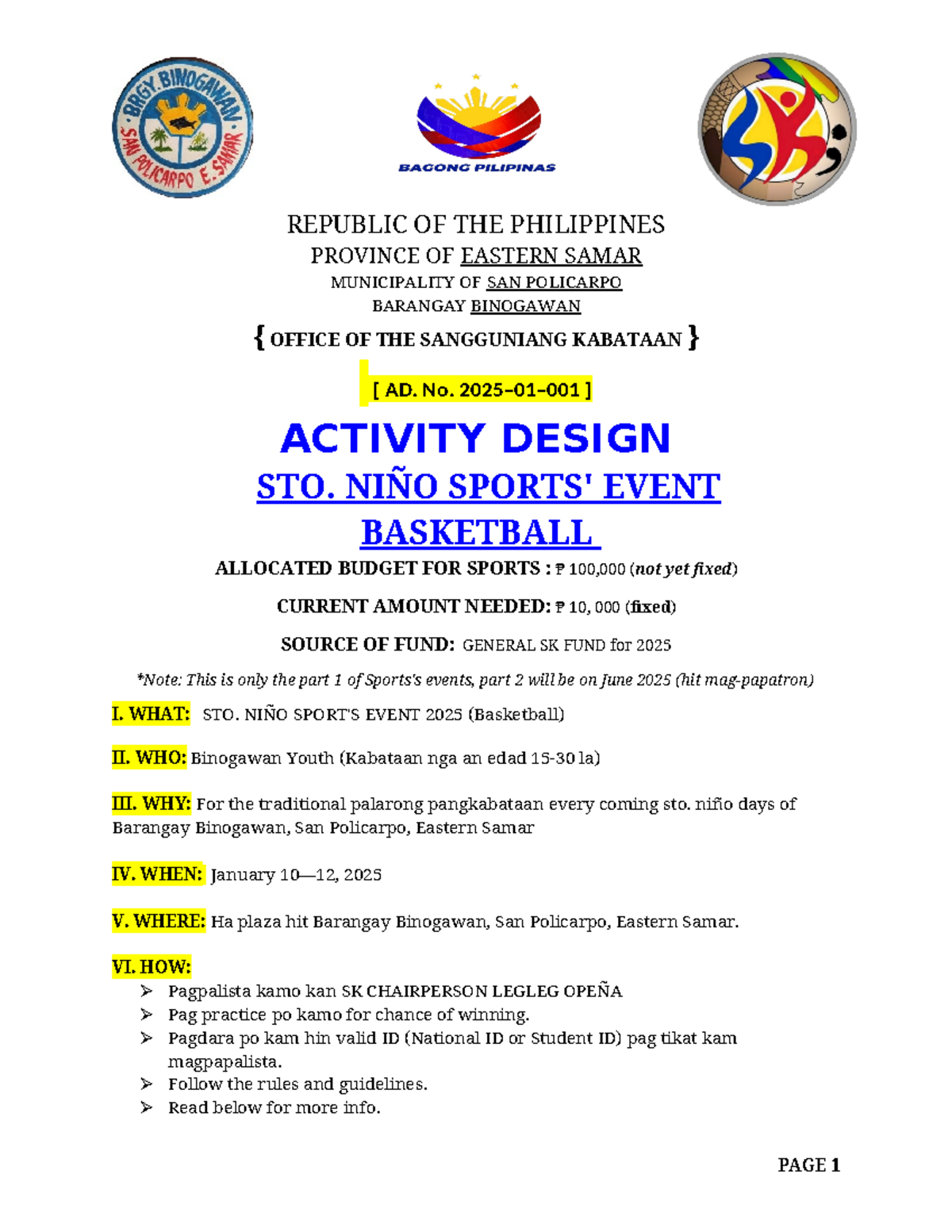 1st. Activity Design STO. NIÑO Sports' Event - REPUBLIC OF THE ...