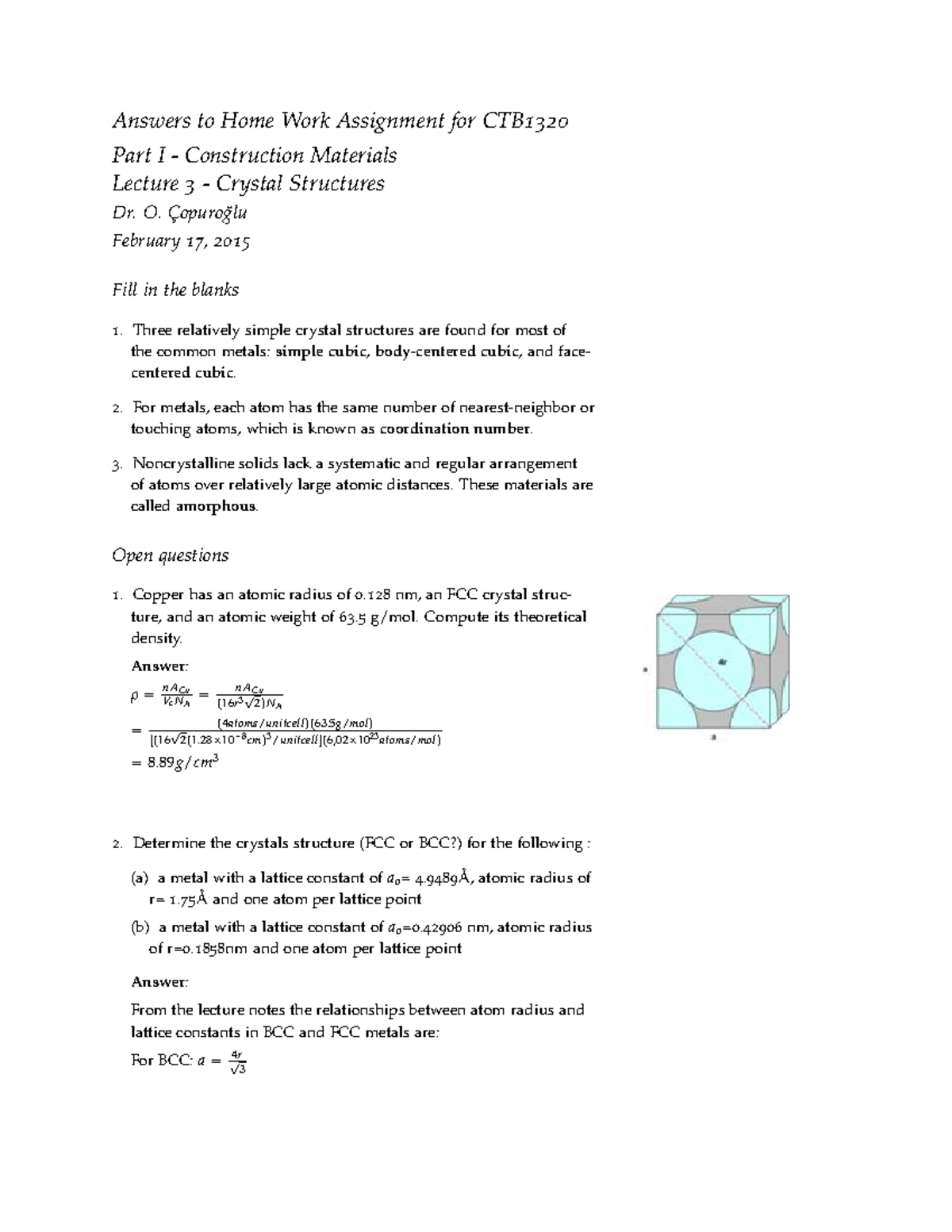 Answers to CTB1320 Homework Assignment Part I: Crystal Structures ...