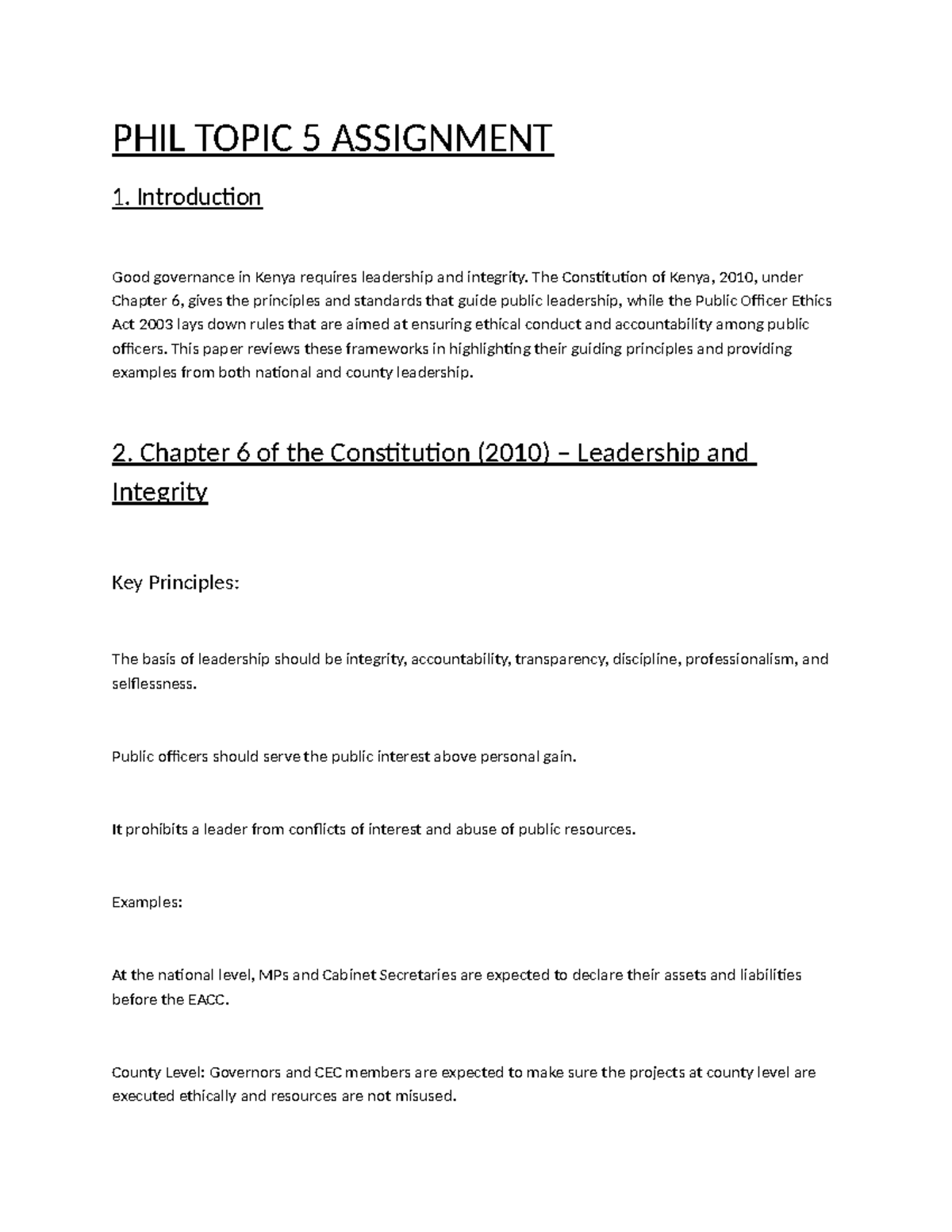 PHIL 101 Topic 5: Leadership & Integrity in Kenya's Governance - Studocu