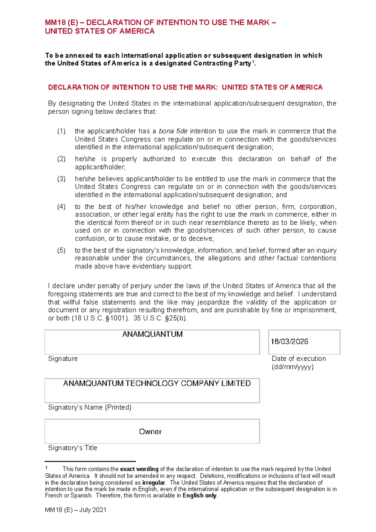 MM18 (E) Declaration of Intention to Use Mark in the USA - Studocu