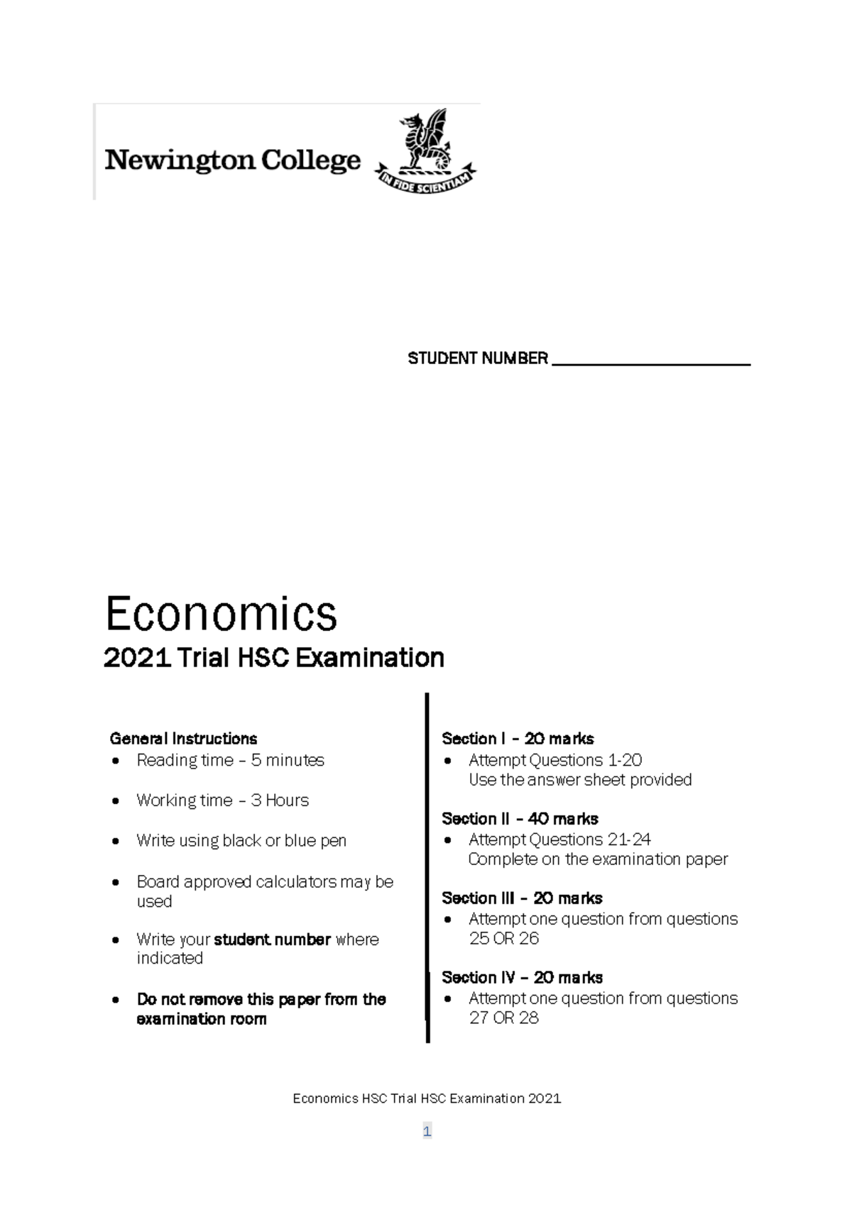 Economics HSC Trial Exam 2021 - Student Number Instructions - Studocu