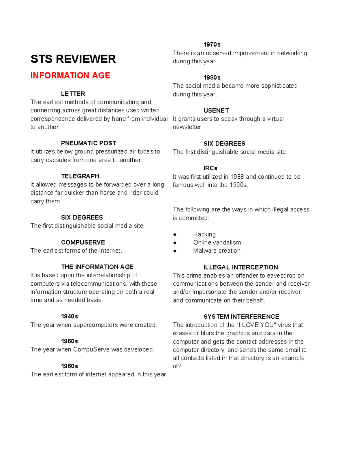STS 101 - Reviewer Notes on Information Age & Climate Change Impacts ...