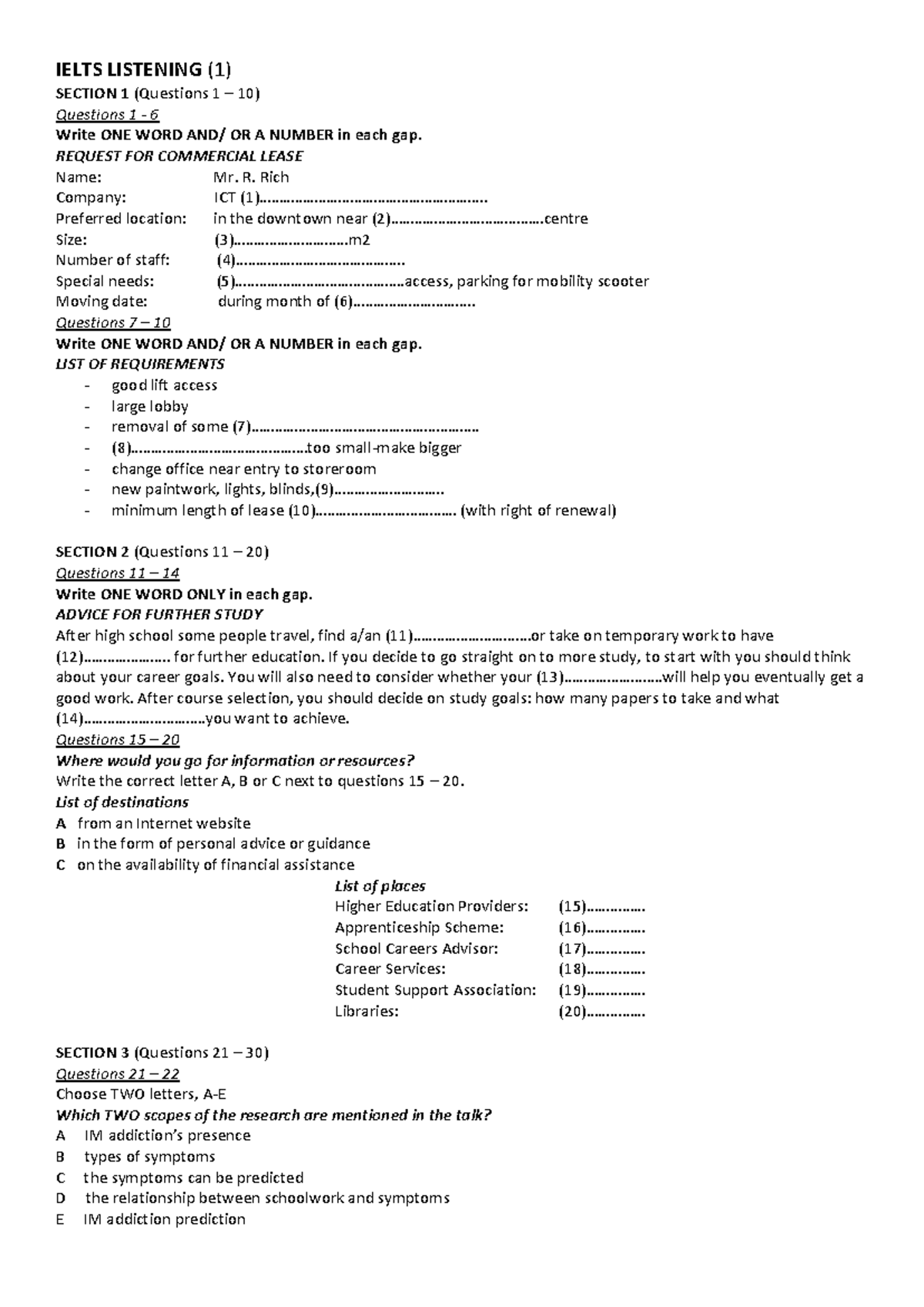 IELTS Listening Practice - Section 1 & 2 Questions (1-30) - Studocu