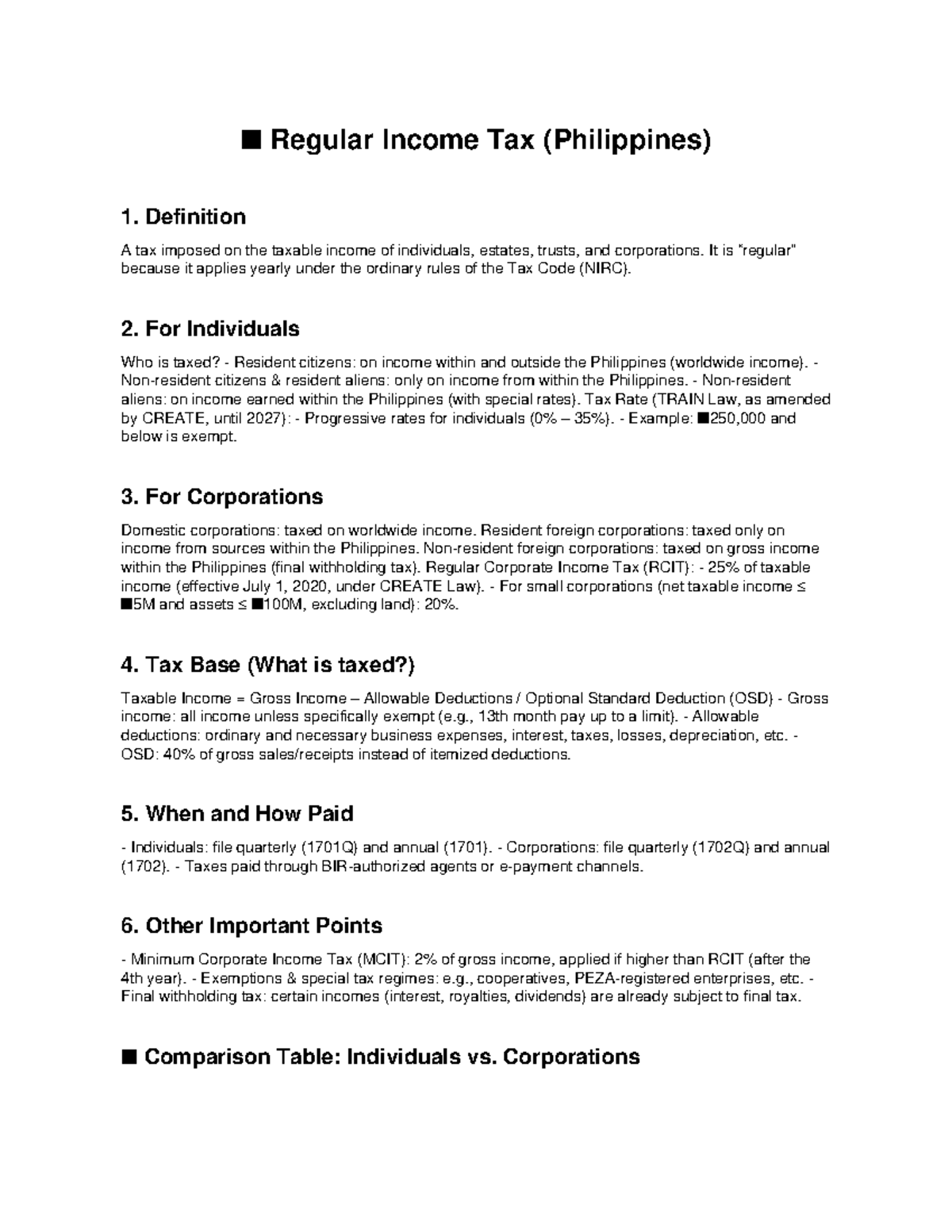 Regular Income Tax Summary (Philippines) - Key Points & Rates - Studocu