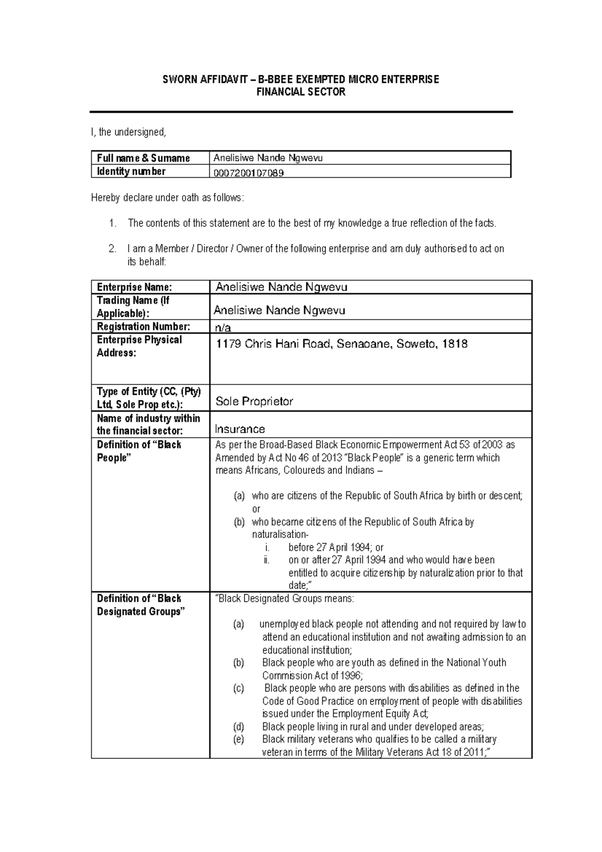 B-BBEE Exempted Micro Enterprise Affidavit (002) - Studocu