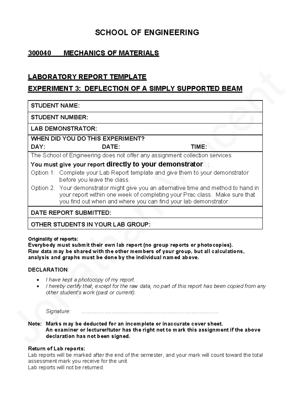 ENGR 101: Mechanics of Materials Lab Report Template - Experiment 3 ...