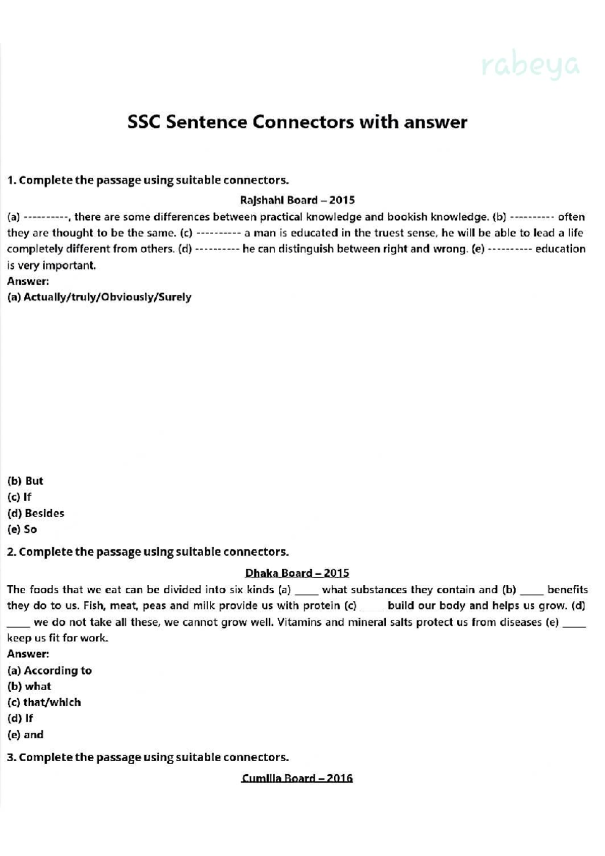 SSC Sentence Connectors Practice with Answers - Rajshahi, Dhaka ...