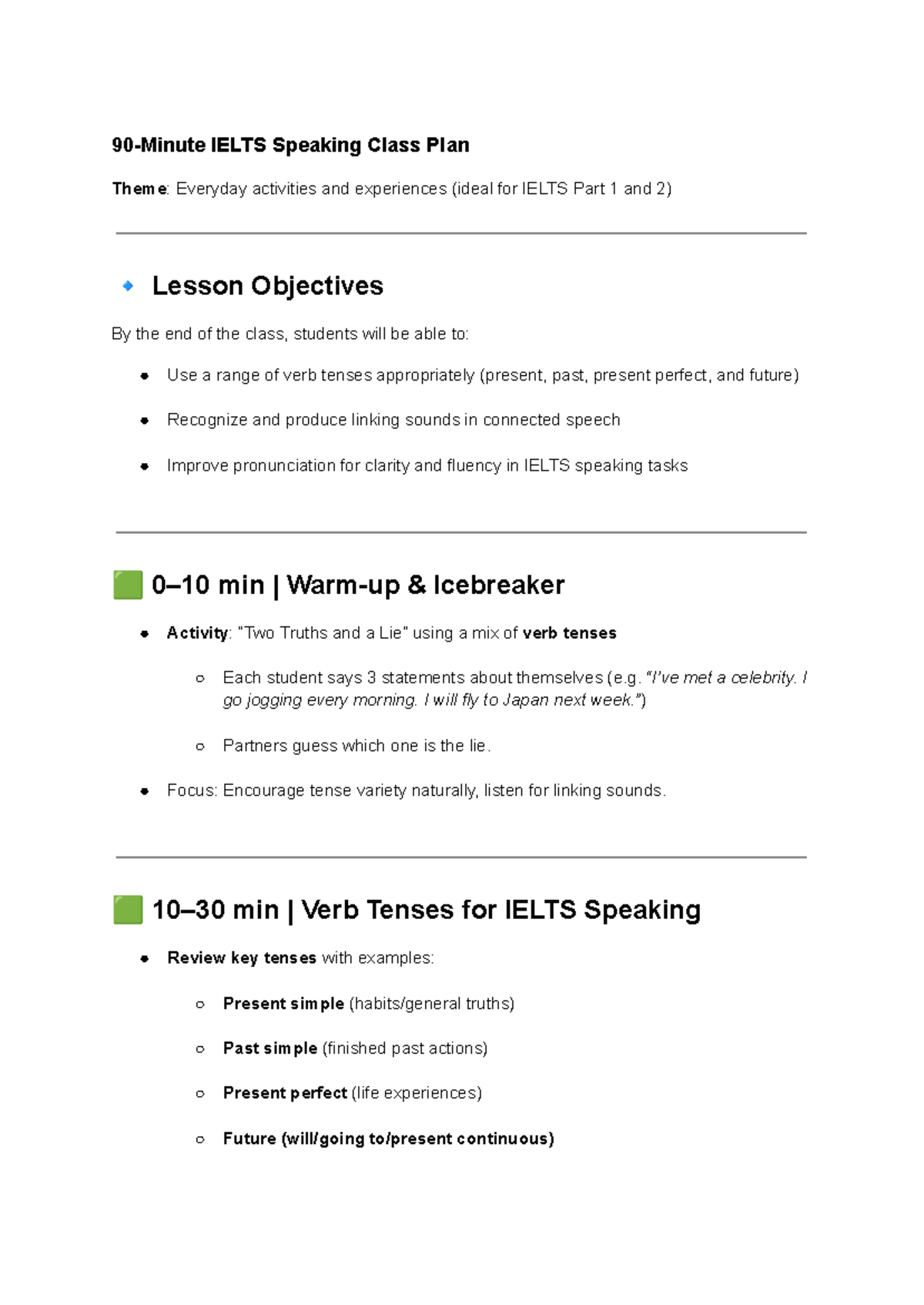 IELTS Speaking Lesson Plan: Everyday Activities & Experiences (90 min ...
