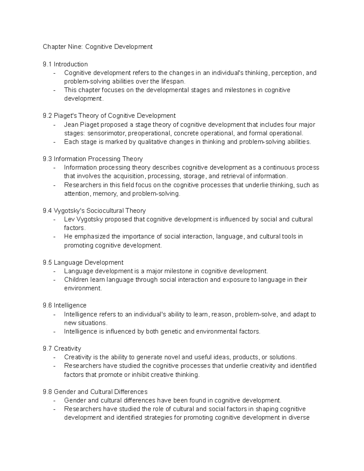 Chapter Nine: Cognitive Development - This chapter focuses on the ...