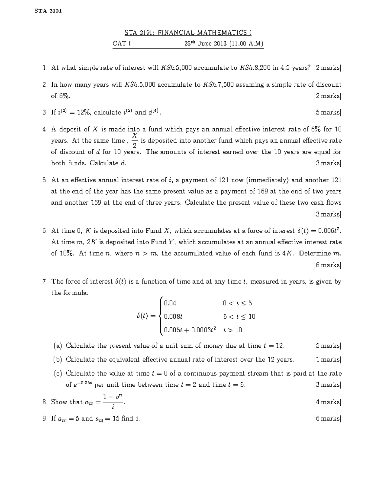 STA 2191: Financial Mathematics I CAT I Solutions - June 2013 - Studocu