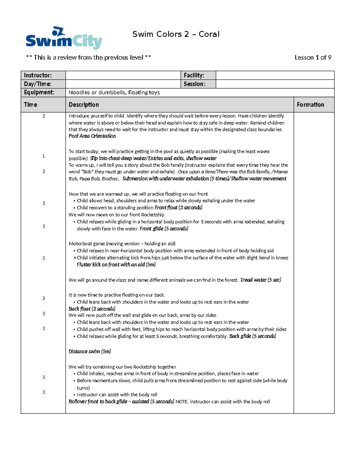 Copy of Swim Colours Resources 2 - Coral Daily Lesson Plans (9 weeks ...