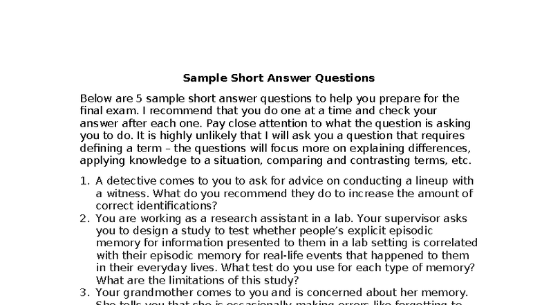 PSY 101: Sample Short Answer Questions for Final Exam Prep - Studocu
