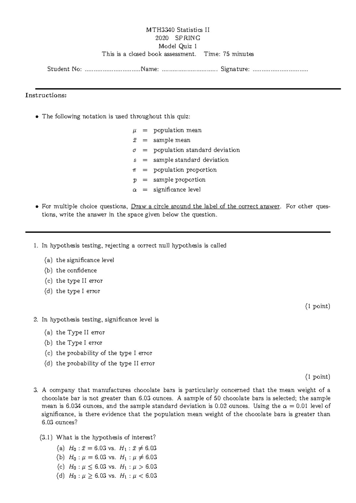 MTH3340 model quiz 1 - Practicals - MTH3340 Statistics II 2020 SPRING ...