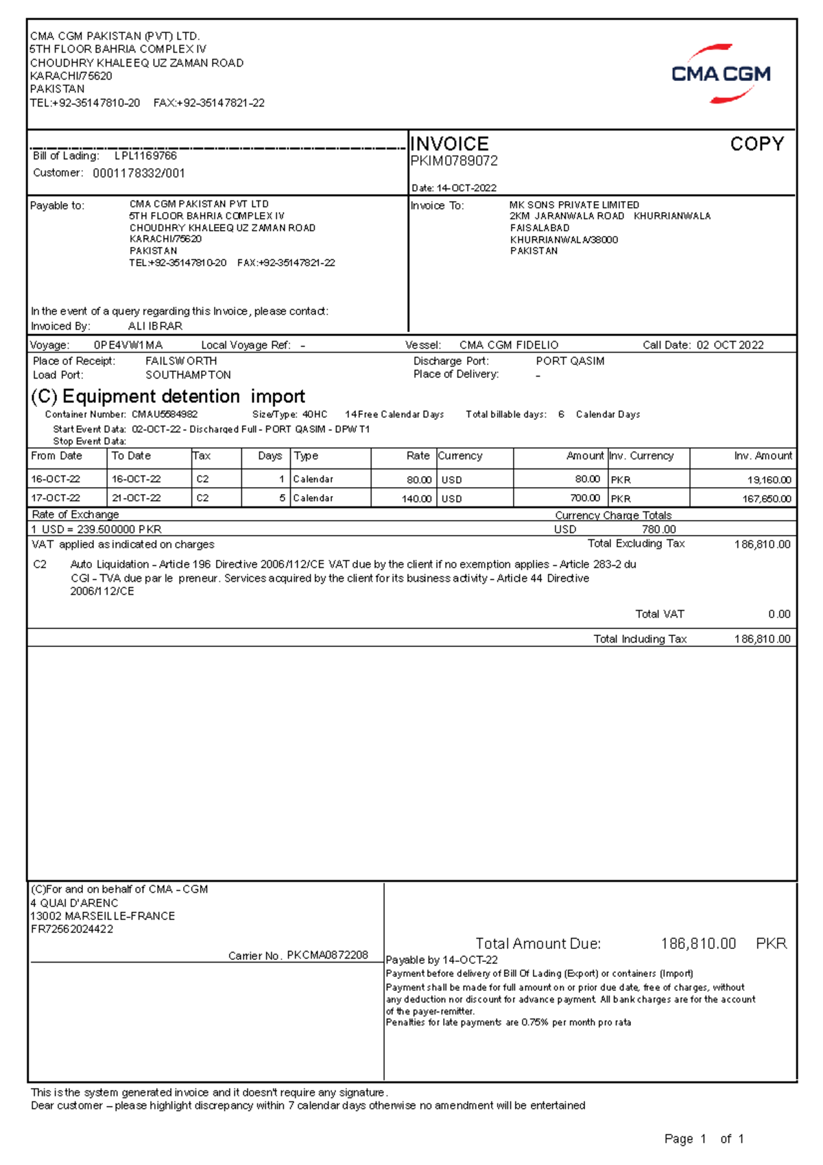 Final Invoice for Container Detention Charges - C2 Auto Liquidation ...