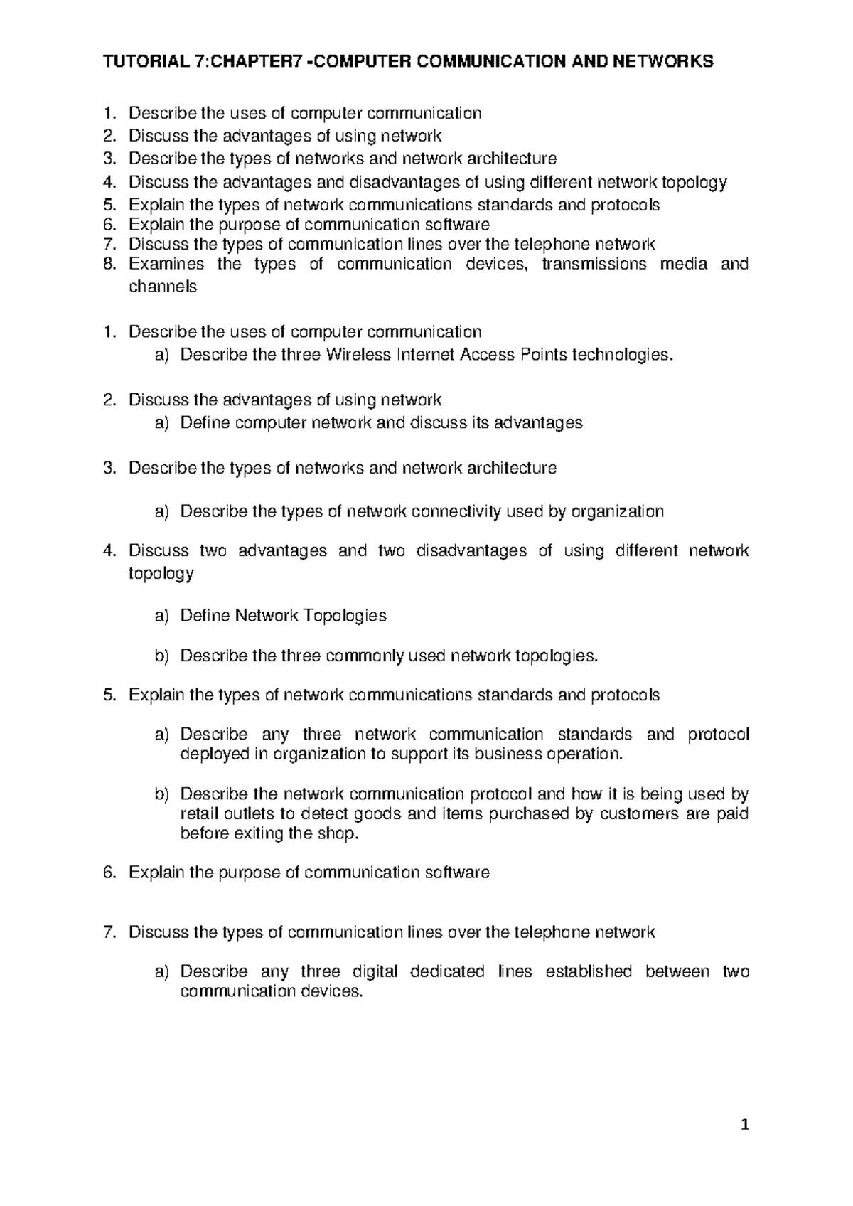 ICT 101: Tutorial 7 - Chapter 7 on Communication and Networks - Studocu