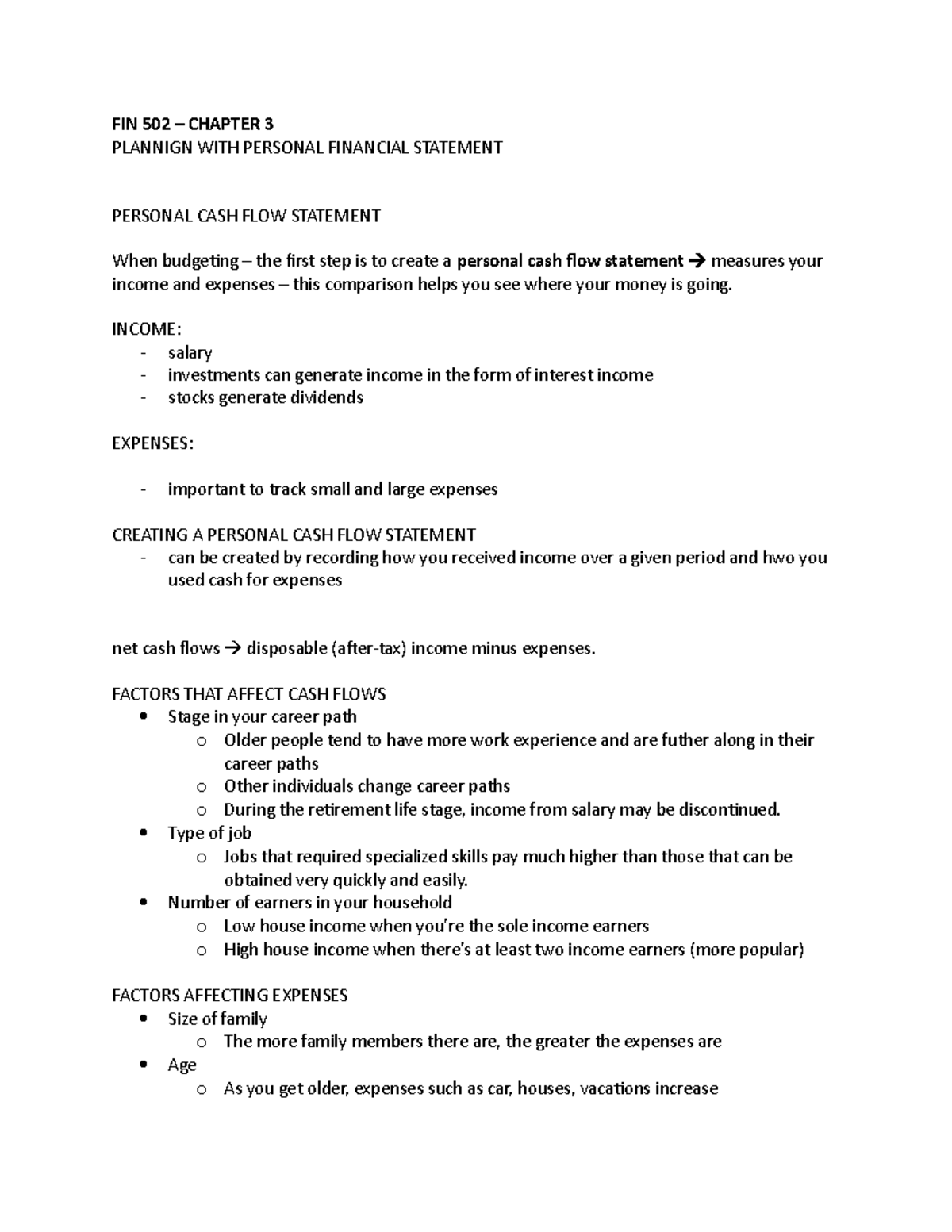 FIN 502 - Chapter 3: Personal Cash Flow & Budgeting Insights - Studocu