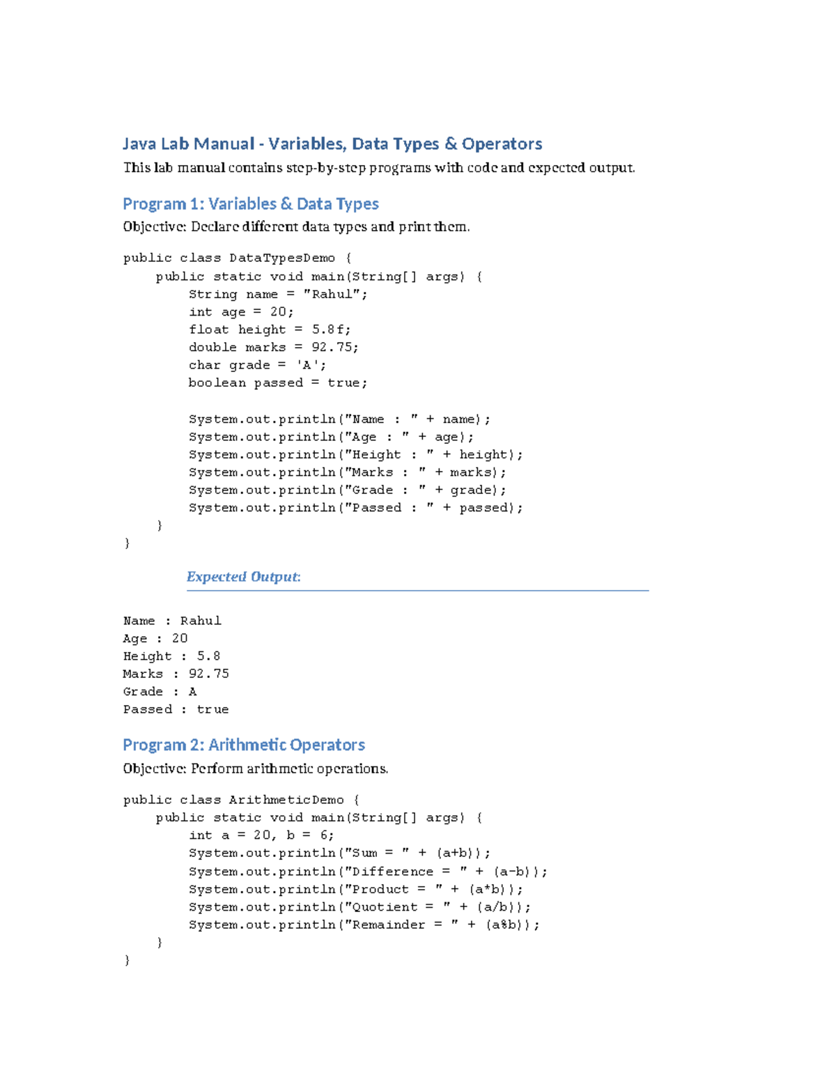 Java Lab Manual (CS101): Variables, Data Types & Operators - Studocu