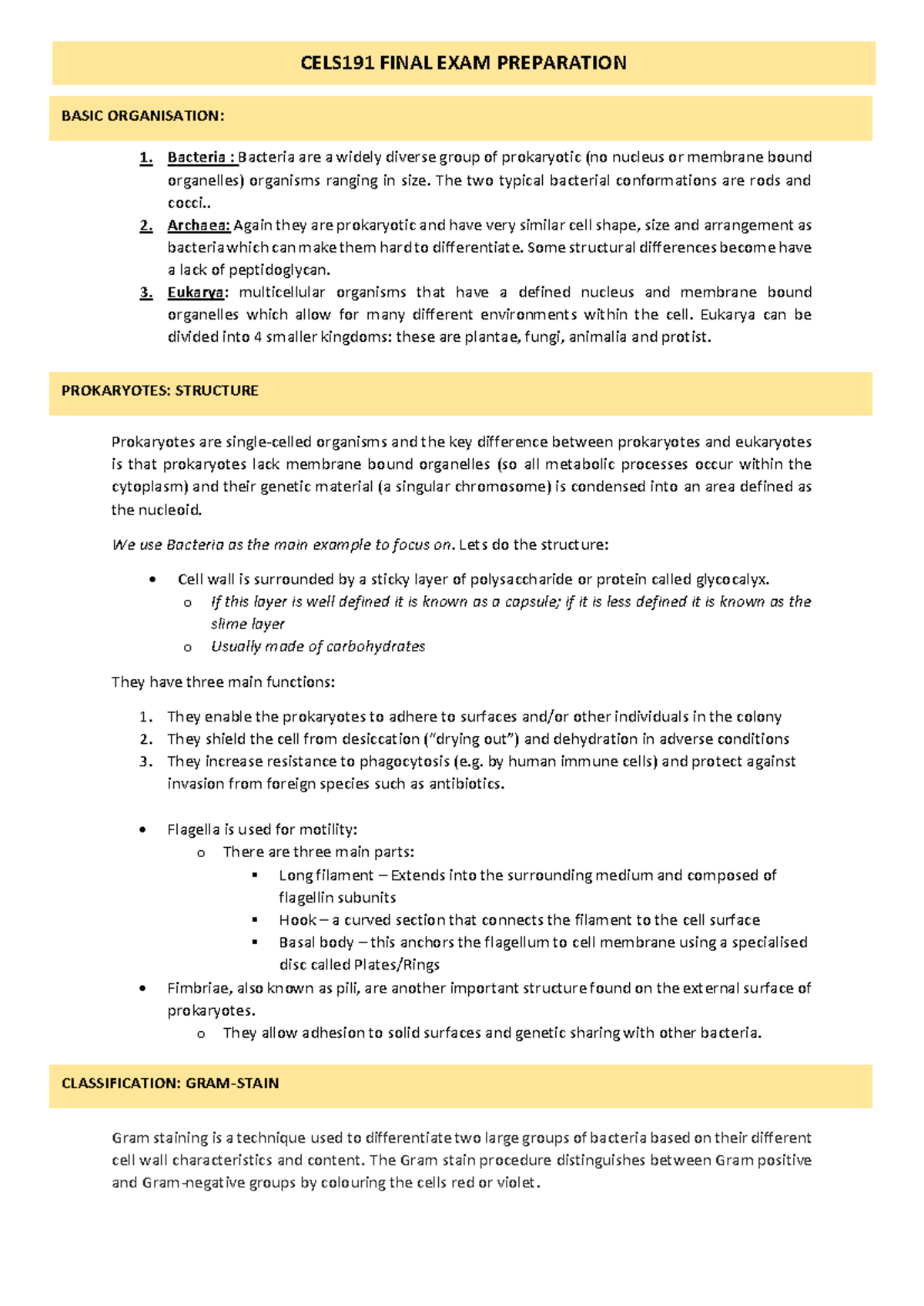 CELS EXAM Revision - A summary of lectures - Bacteria : Bacteria are a ...
