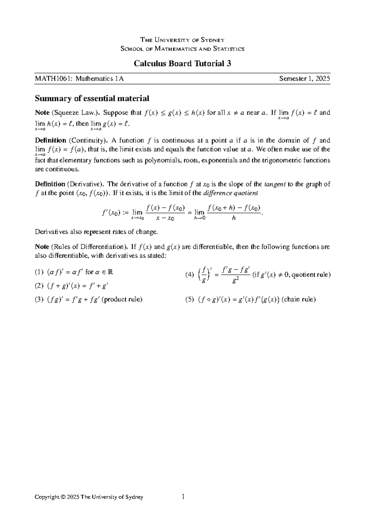 MATH1061: Calculus Board Tutorial 3 Summary and Key Concepts - Studocu