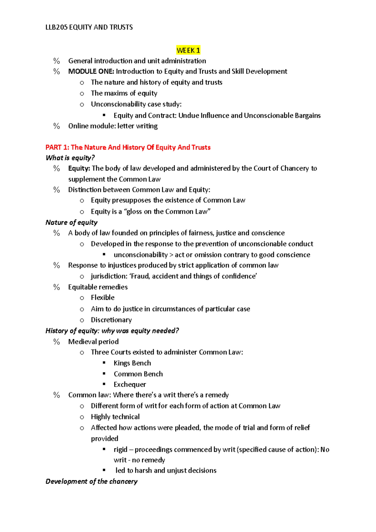 7. LLB205 Equity and Trusts: Week 1 Lecture Notes on Equity Principles ...