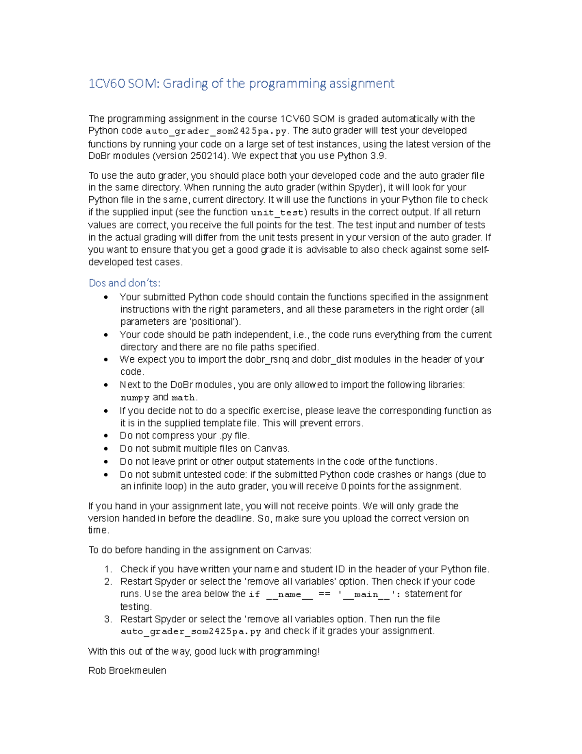 1CV60 SOM 2024-2025 Programming Assignment Grading Guide - Studeersnel