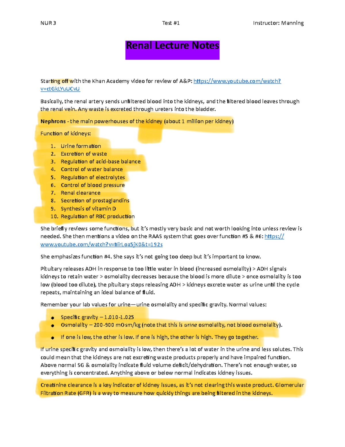 Renal System Lecture Notes - Comprehensive Overview for Exam - Studocu