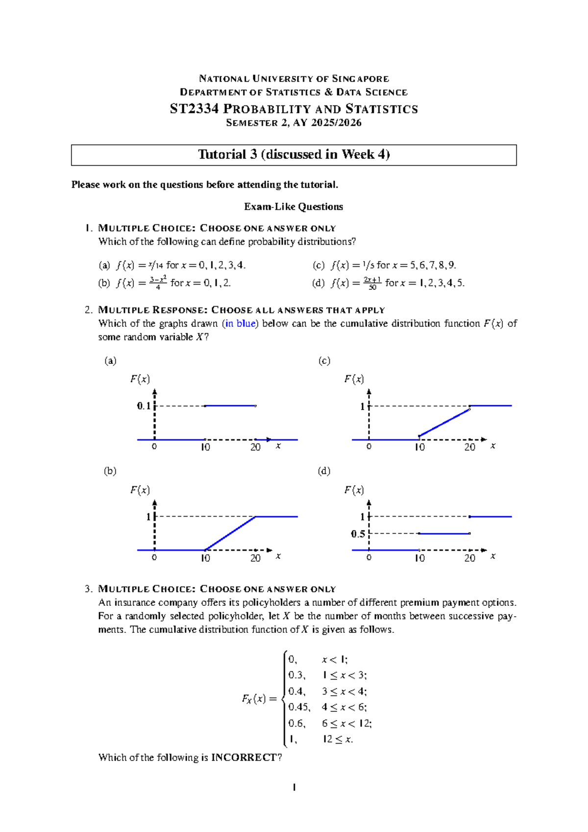 Tutorial 03: ST2334 Probability and Statistics Questions and Solutions ...