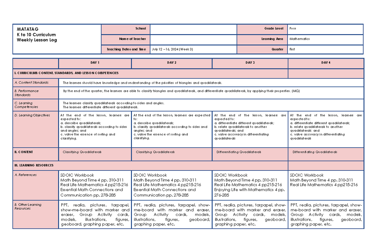 MATATAG K to 10 Curriculum Weekly Lesson Log: Grade 4 Math (Week 3 ...