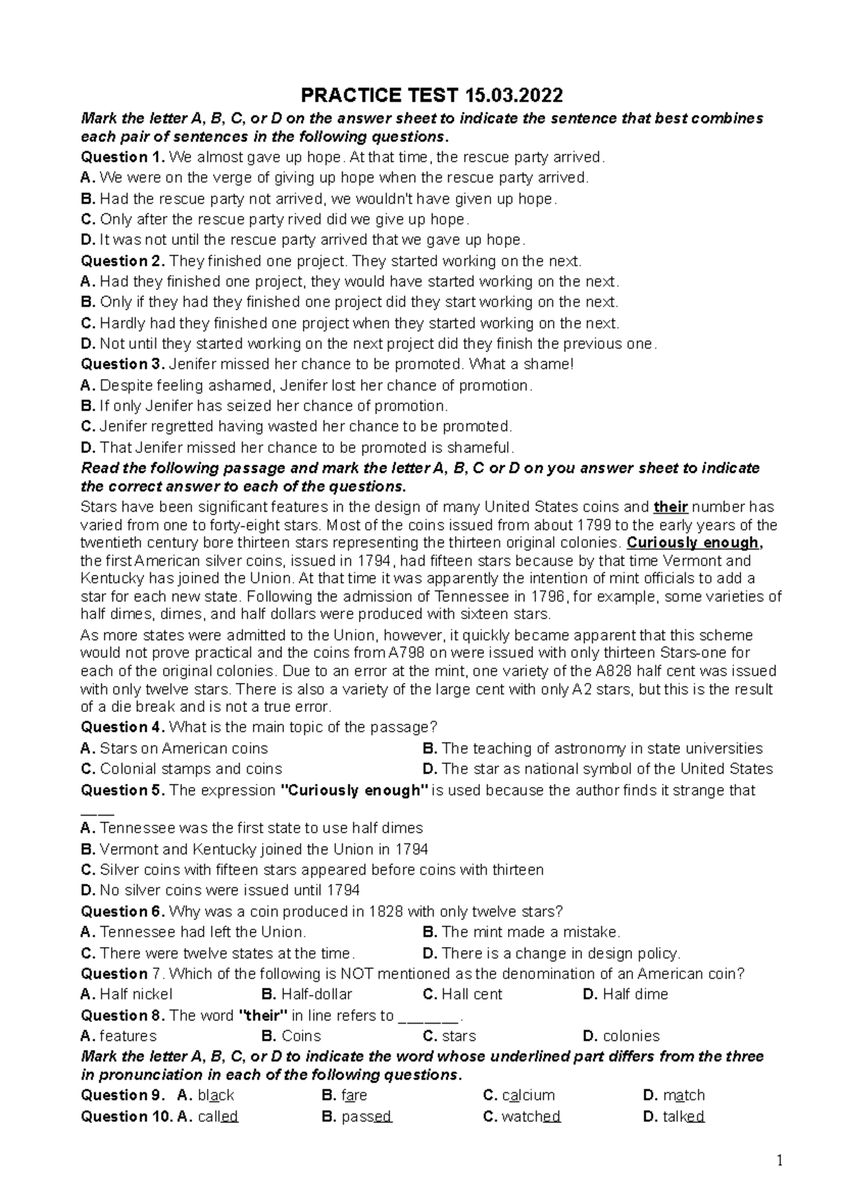 Practice TEST 15 - PRACTICE TEST 15. Mark the letter A, B, C, or D on ...