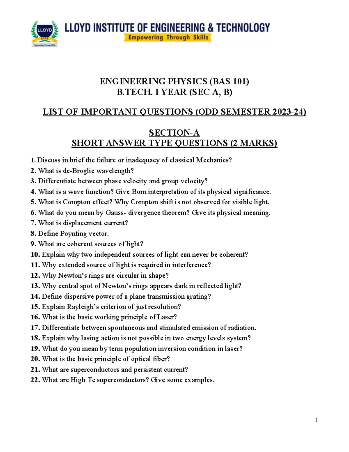 Important Questions for Engineering Physics (BAS 101) - B.Tech 1st Year ...