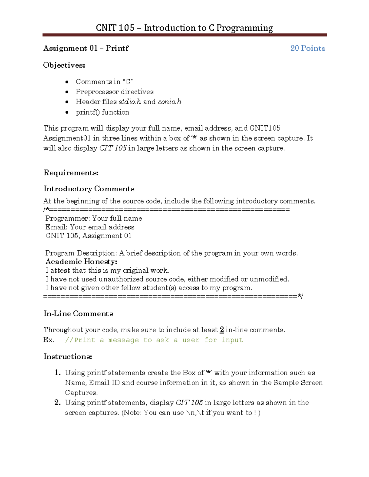 CNIT 105 Assignment 01: C Programming Printf Function Guide - Studocu