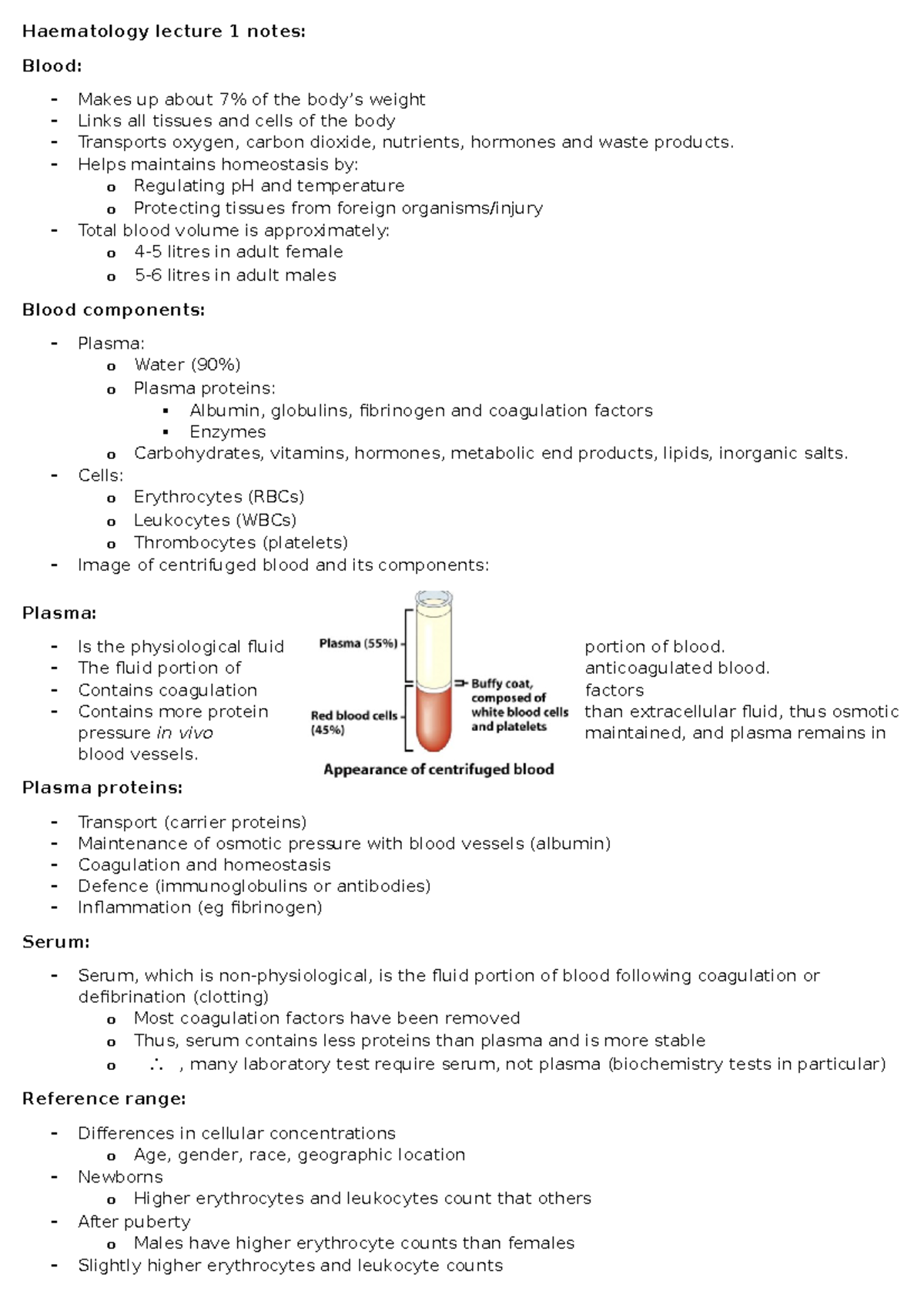 Haematology lecture 1 notes - Haematology lecture 1 notes: Blood ...