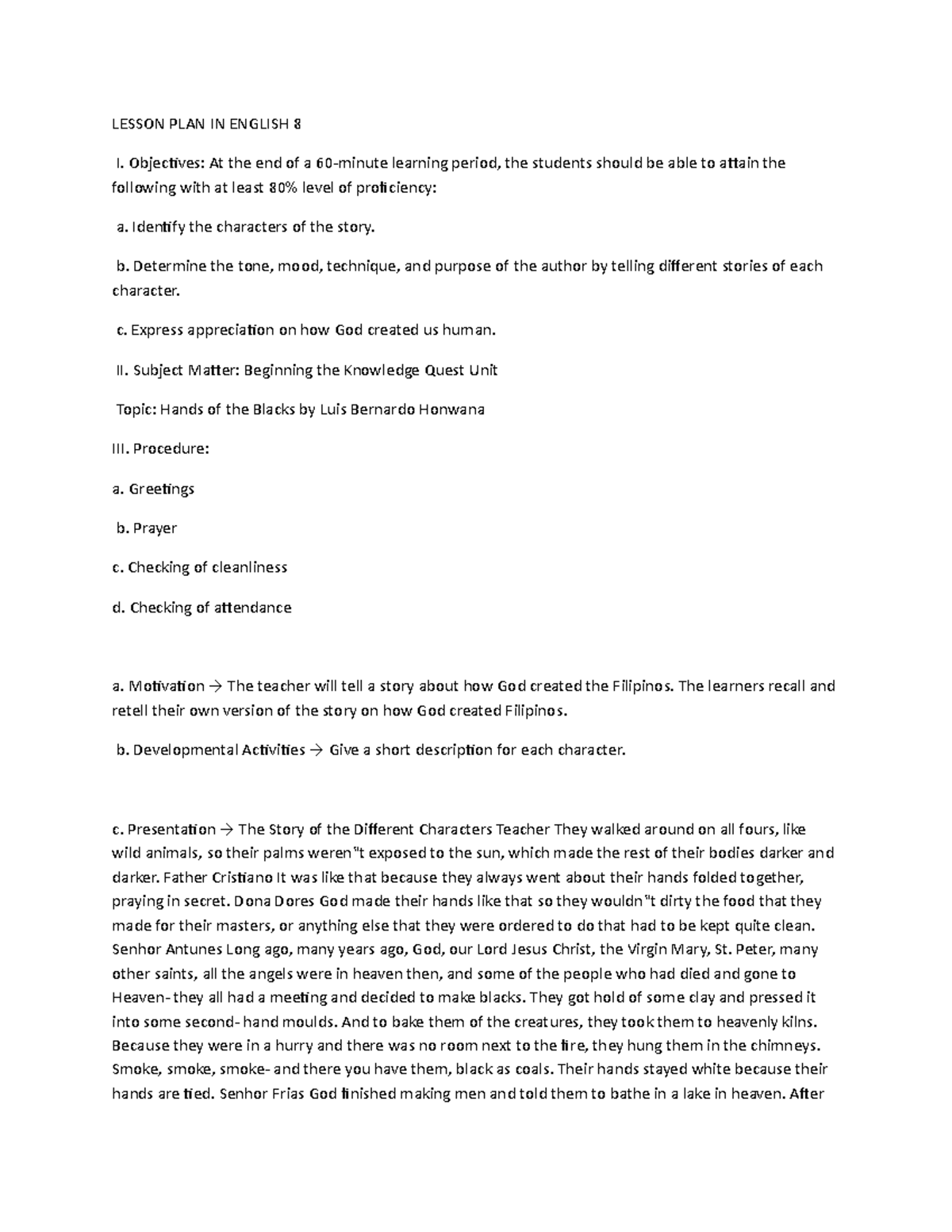Lesson PLAN IN-WPS Office - LESSON PLAN IN ENGLISH 8 I. Objectives: At ...