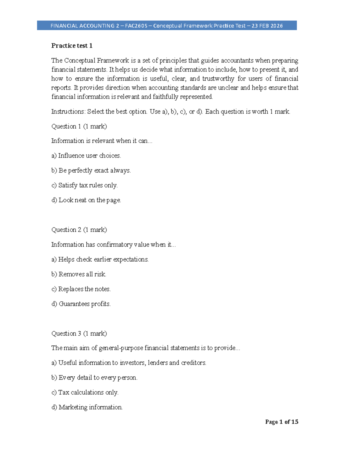 FAC260S Financial Accounting 2 Conceptual Framework Practice Test - Studocu
