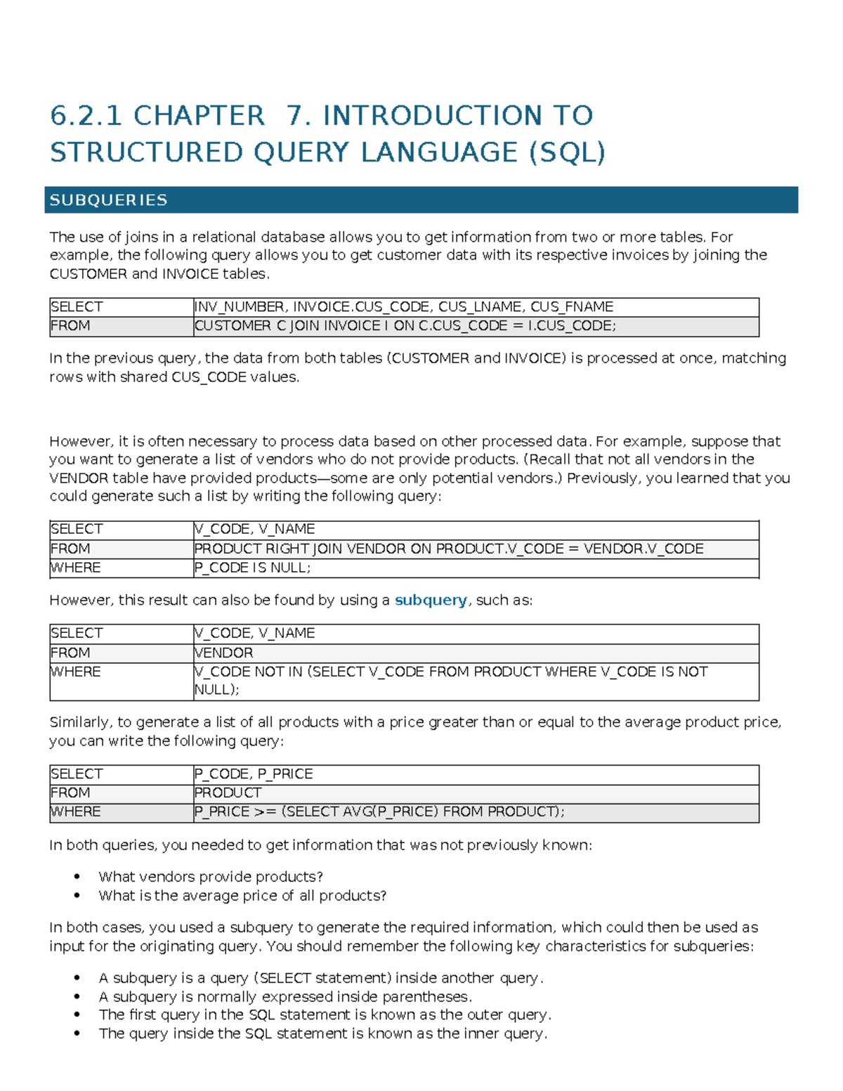 6.2.1 CHAPTER 7: INTRODUCTION TO SQL SUBQUERIES AND FUNCTIONS - Studocu