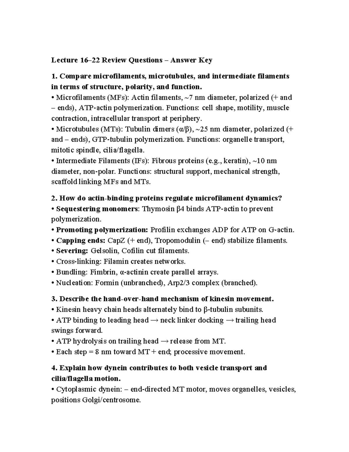 Lecture 16-22: Cytoskeleton and Muscle Contraction Answer Key - Studocu